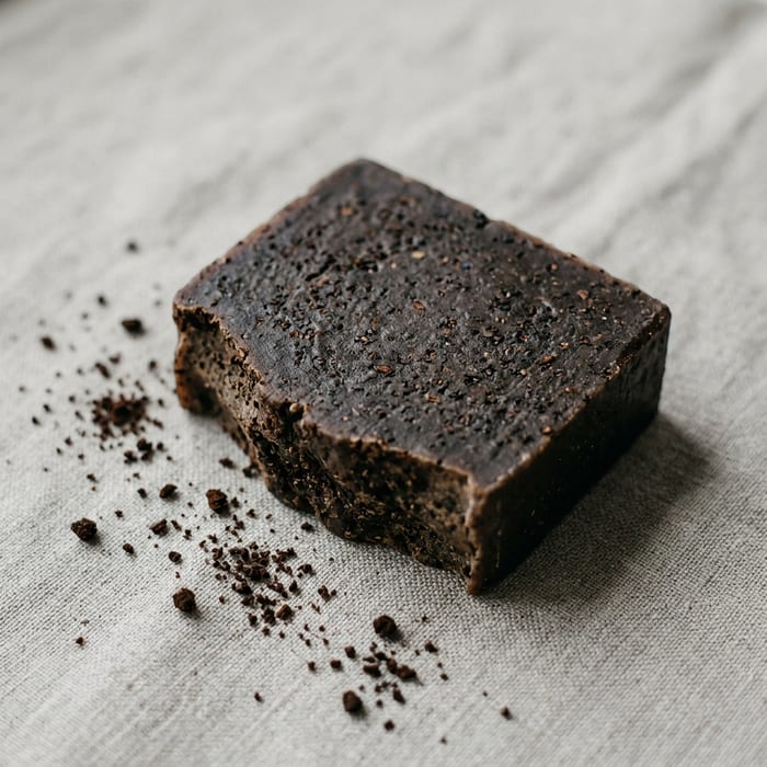 A dark brown coffee soap bar with ground coffee scattered around it. A generated picture.