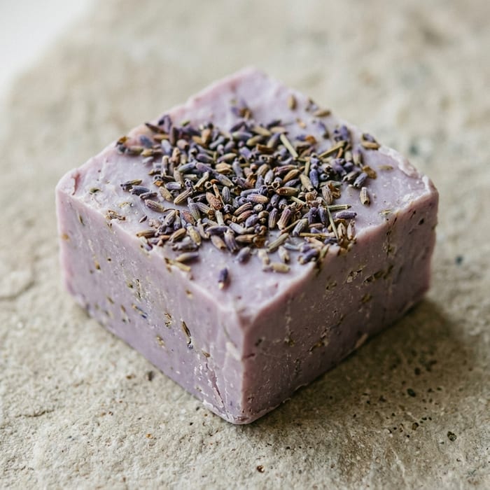 A lilac soap bar topped with dried lavender buds. A generated picture.