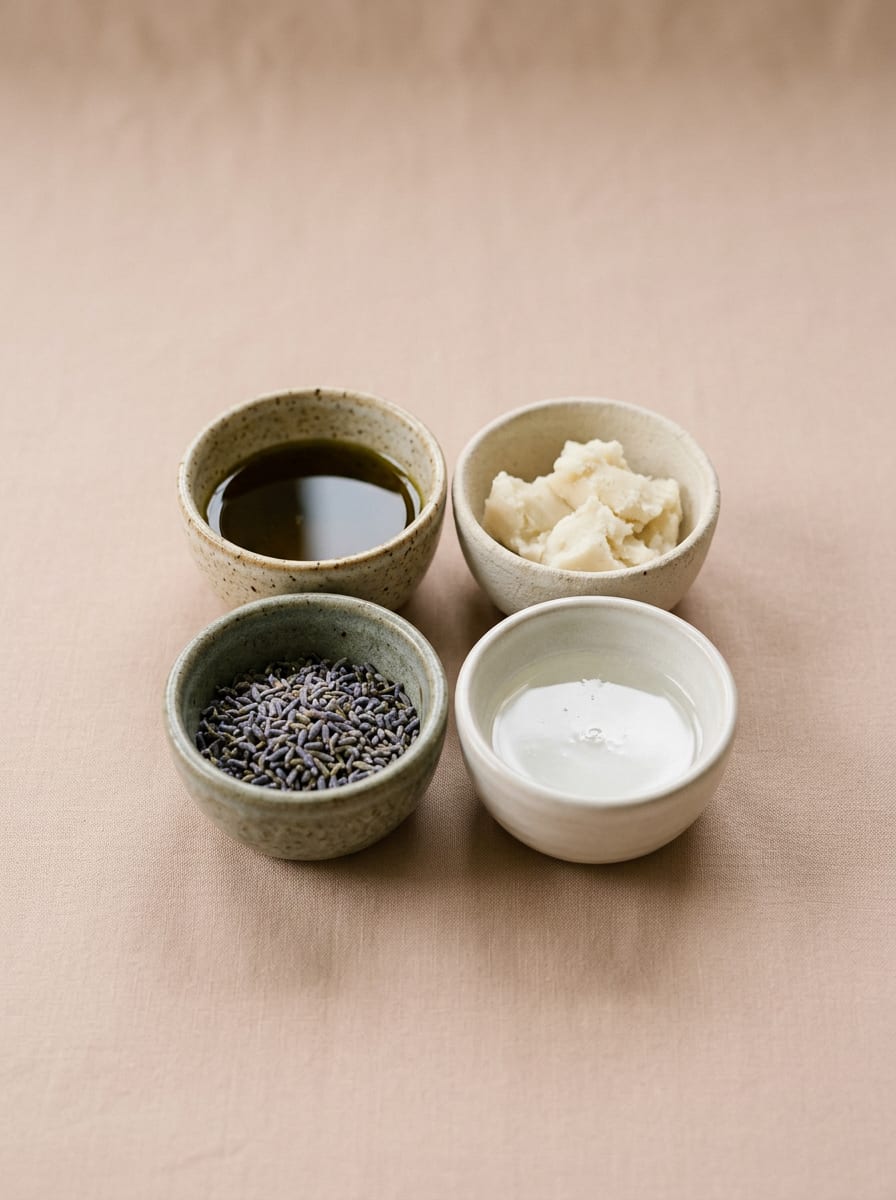 Four small ceramic bowls holding olive oil, shea butter, dried lavender and lye. A generated picture.