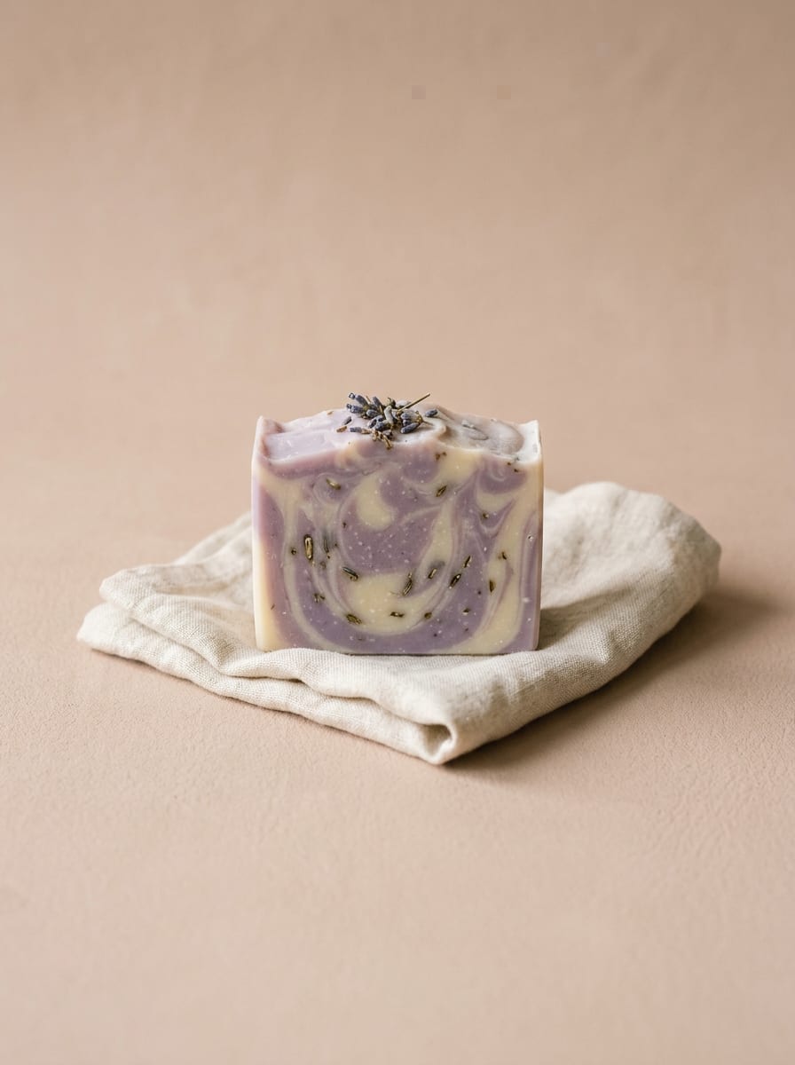 A lilac and cream swirled soap bar with dried lavender on top, resting on folded linen. A generated picture.