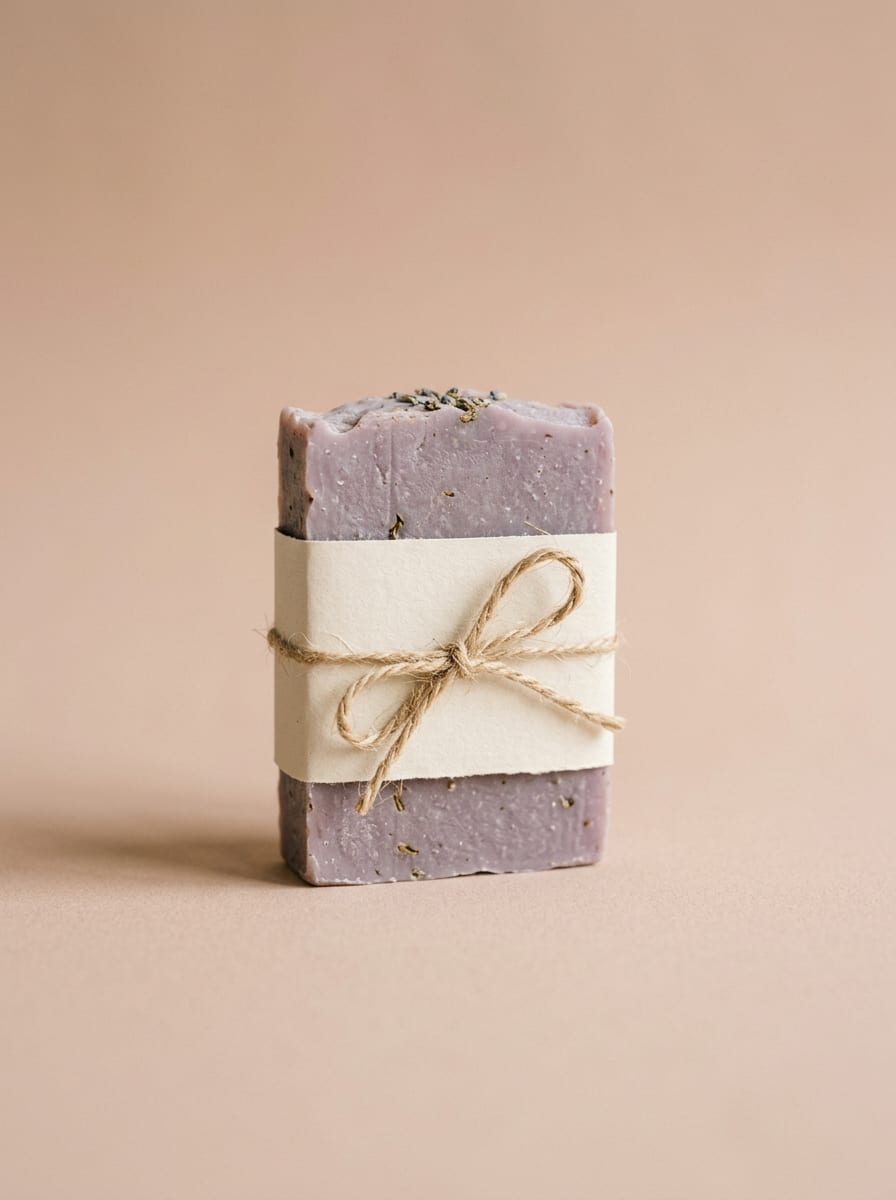 A lilac soap bar wrapped in a blank paper band tied with twine. A generated picture.